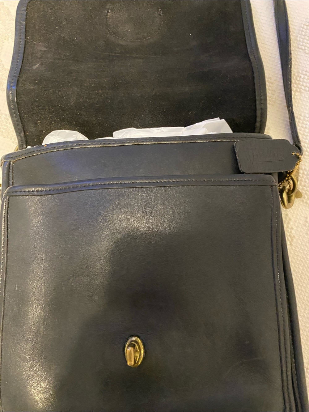 Coach Black Leather Messenger Bag with Gold-Tone Turn Lock, has some wear. - Picture 10 of 14